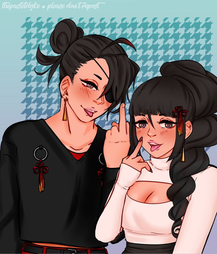 Baren and Okuni from Rengoku ni Warau. Baren has black hair with a little bit of red at the tips, an eyepatch over his left eye. Most of his hair is pulled into a messy bun, aside from the bangs on his left side. He'waring a black shirt. Okuni has long hair in a twirl and blunt bangs aside from a longer strand over her nose. The longer stand has red tips. She's wearing a white turtleneck with a cutout over the boobs. They're both giving the screen the finger and sticking their tongues out.